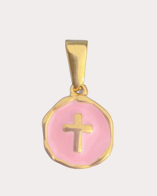 Gold Pink Circle Cross Charm